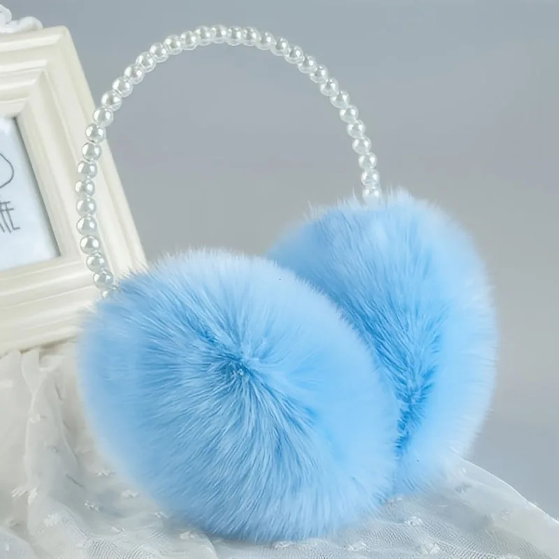 Color: SKY BLUE - Faux Pearl Hoop Plush Headband Elegant Solid Color Fluffy Earmuffs Thick Coldproof Ear Warmer For Women Girls