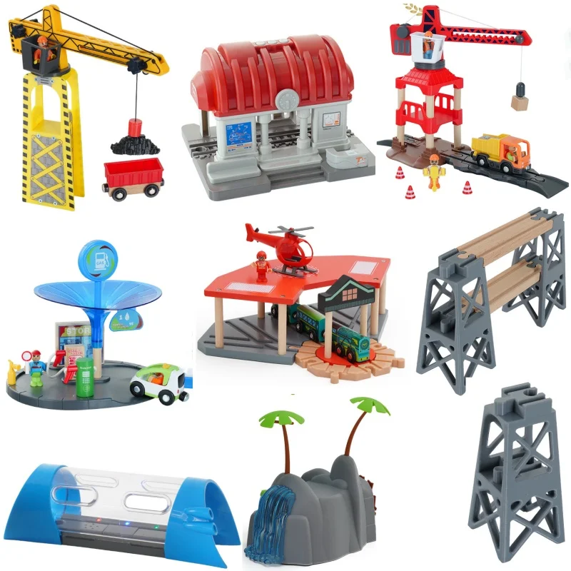 Color: Silver - Wooden Train Track Railway Bridge Tunnel Accessories Fit Police Station Scene for Brio Wood Train Pieces Educational Toys