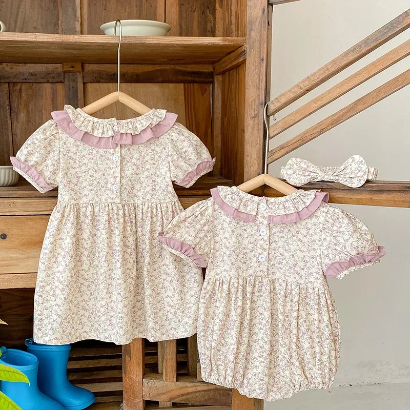Color: MULTI, Kid Size: 6M - 2024 New Summer Kids Princess Dresses Short Sleeved Cotton Print Baby Girl Party Dress Infant Girl Romper Sister Clothing
