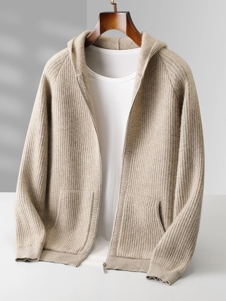Color: Dark Grey, Size: M - Daily Clothes Autumn Winter Sweater Men's Coat 100% Merino Wool Sweater Cardigan Knitted Jacket Thicked Hooded Outerwears Trend