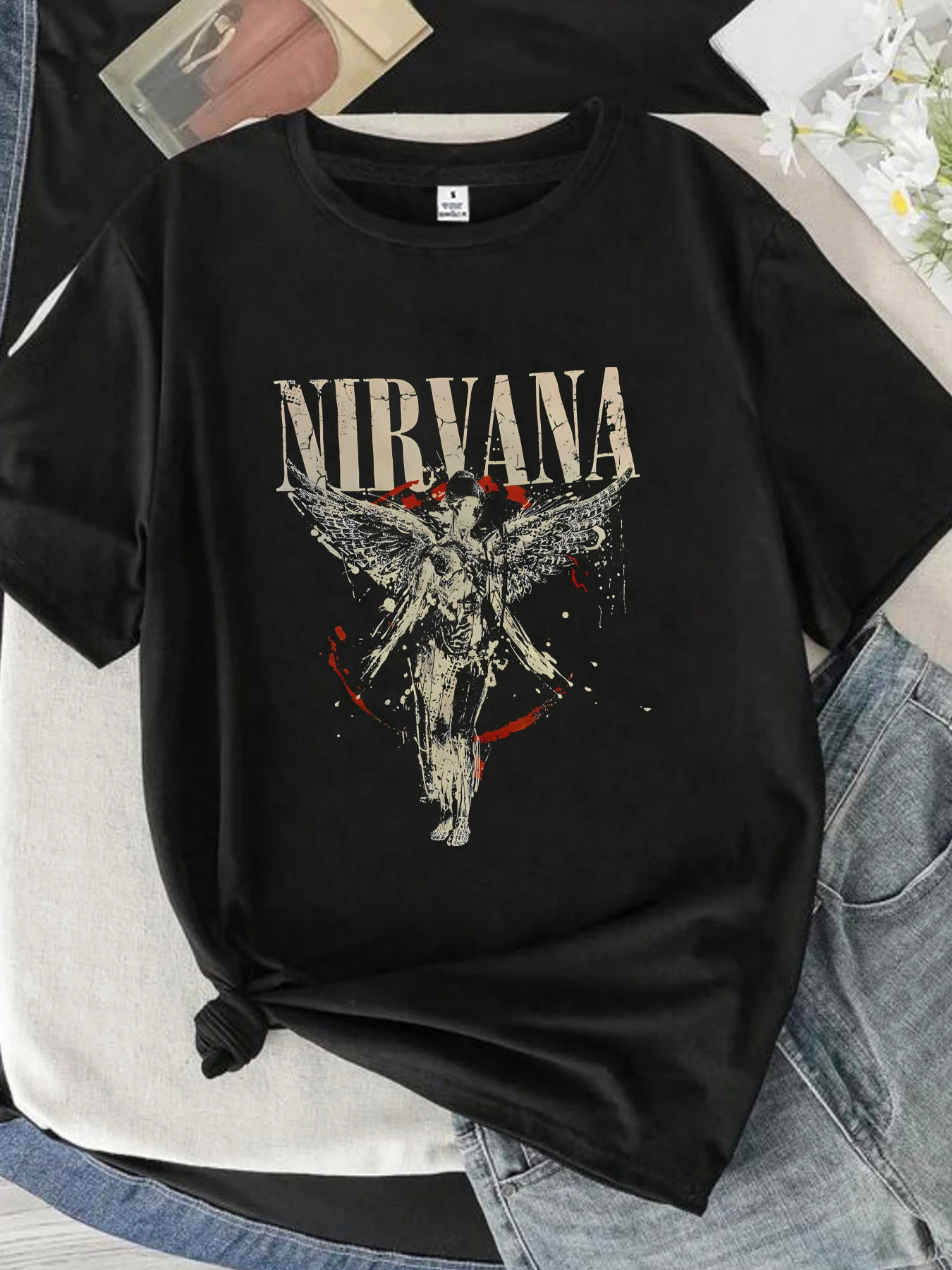 Color: black, Size: M - 【0933?‘ Letters and angels Round neck women's T-shirt short sleeves fashion printed half-sleeve top elastic T-shirt