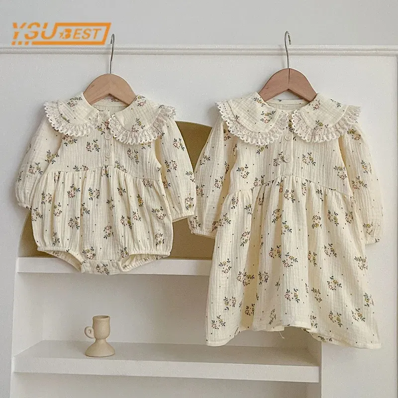Color: Red, Size: M - Spring Baby Girls Long Sleeve Sweet Sisters Flower Print Dress Autumn Infant Rompers Kids Baby Girls Princess Clothes Rompers