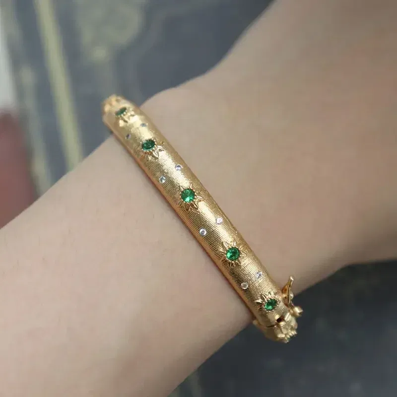Gem Color: Red - Classic Court style wire drawing bracelet for women light luxury elegant green crystal retro flower bangles wedding fine jewelry