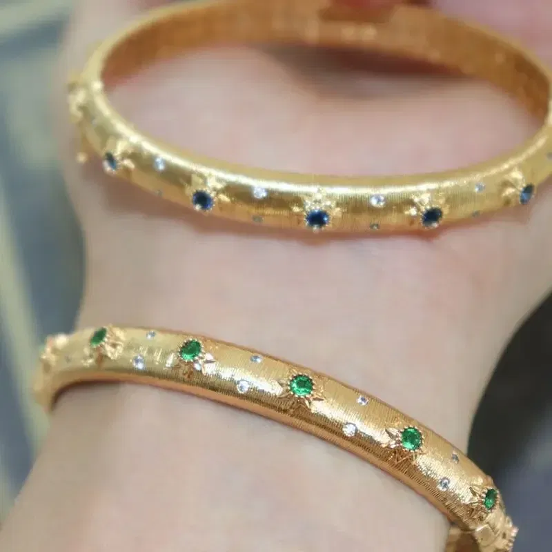 Gem Color: Red - Classic Court style wire drawing bracelet for women light luxury elegant green crystal retro flower bangles wedding fine jewelry