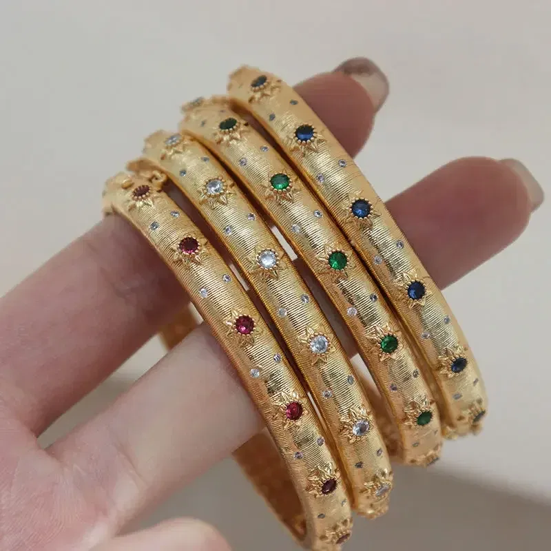 Gem Color: Red - Classic Court style wire drawing bracelet for women light luxury elegant green crystal retro flower bangles wedding fine jewelry