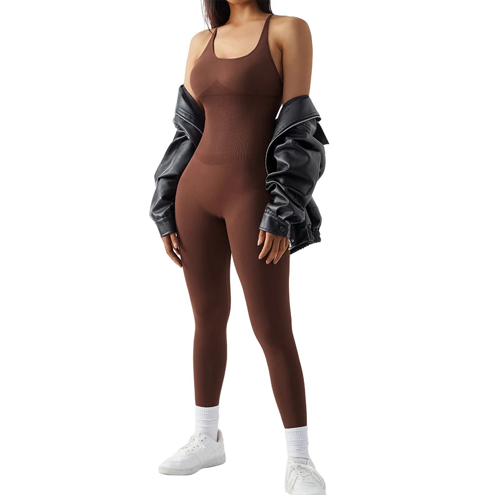 Color: Brick Red, Size: L - Bodycon Jumpsuit Women Full Seasons Casual Fitness Sporty Playsuit Sleeveless Slim Activewear All In One Jumpsuit Clothing Lady