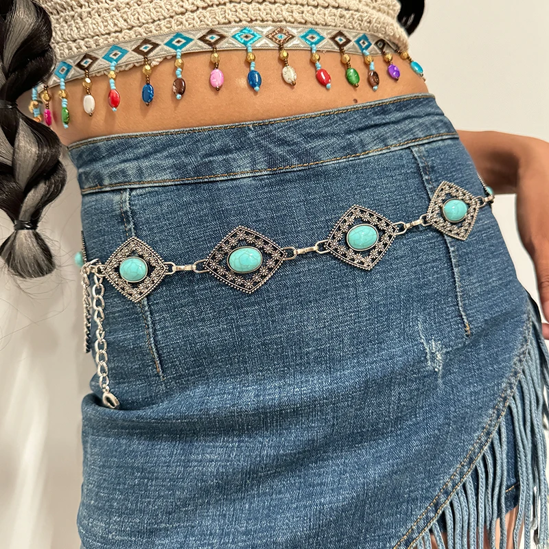 Color: black, Belt Length: 110cm - Fashion Silver Bohemian female circular waist chain luxury blue gemstone Ellipse chain belts for women suitable for Skirts dress