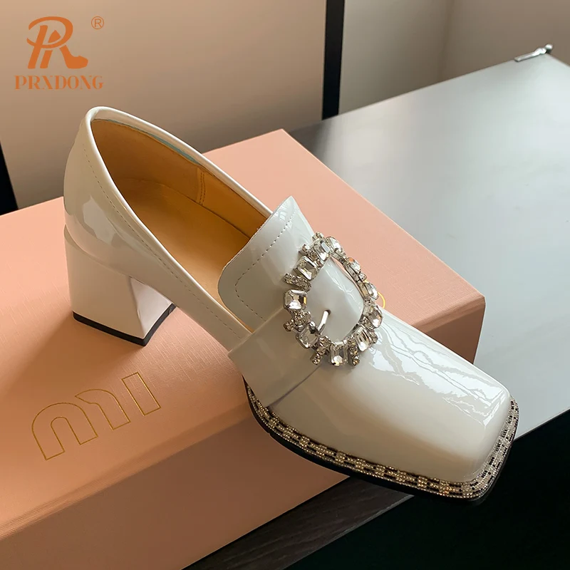 Color: Beige, Shoe Size: 42, Ships From: CHINA - PRXDONG New Arrivals Genuine Leather Spring Summer Women Pumps Square Med Heel Crystal Black White Dress Party Office Lady Shoes