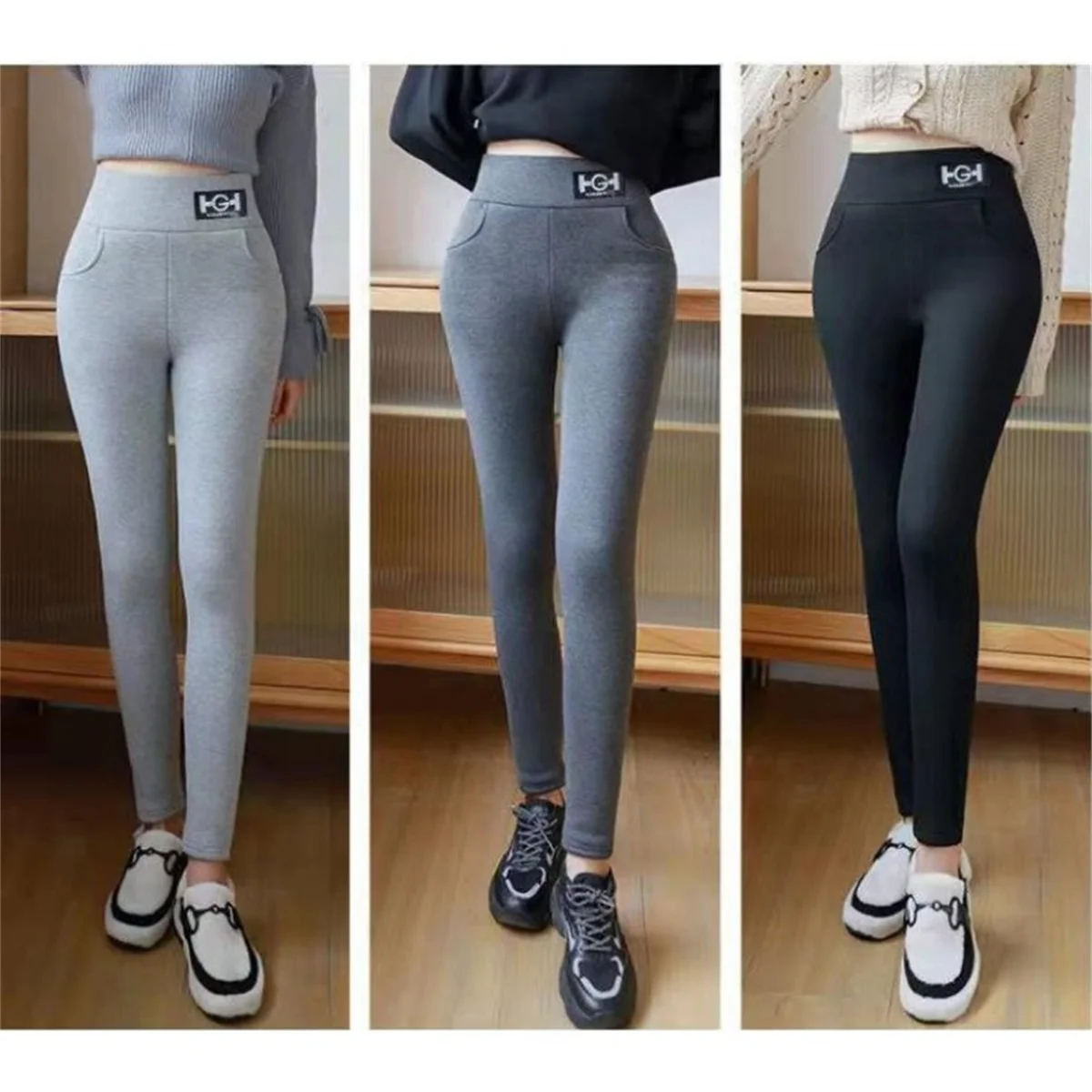 Color: Blue, Size: M - Winter Women Leggings Solid Warm Leggings Thicken Lambwool Hight Waist Fleece Keep Butt Lift High Stretchy Walking Pants Pocket