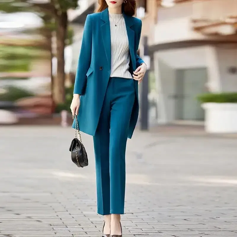 Color: Khaki, Size: XXL, Ships From: CHINA - High End Office Professional Women's Blazer Pants 2-Piece Set Fall Fashion Long Female Jacket Over Business Suit Casual Trousers