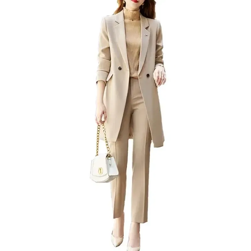 Color: Khaki, Size: XXL, Ships From: CHINA - High End Office Professional Women's Blazer Pants 2-Piece Set Fall Fashion Long Female Jacket Over Business Suit Casual Trousers