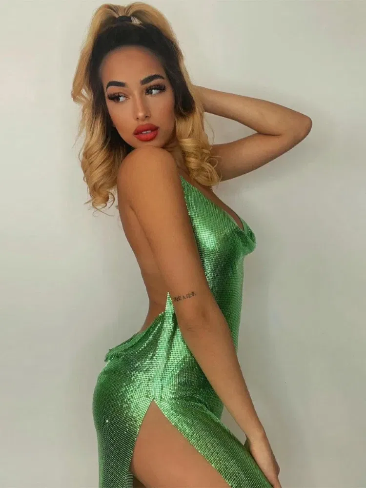 Color: Silver, Size: S - Sexy and Fashionable Women's Elegant Short Dress with Hanging Neck Backless Bottom Chest Sequin Party Girl Dance Dress