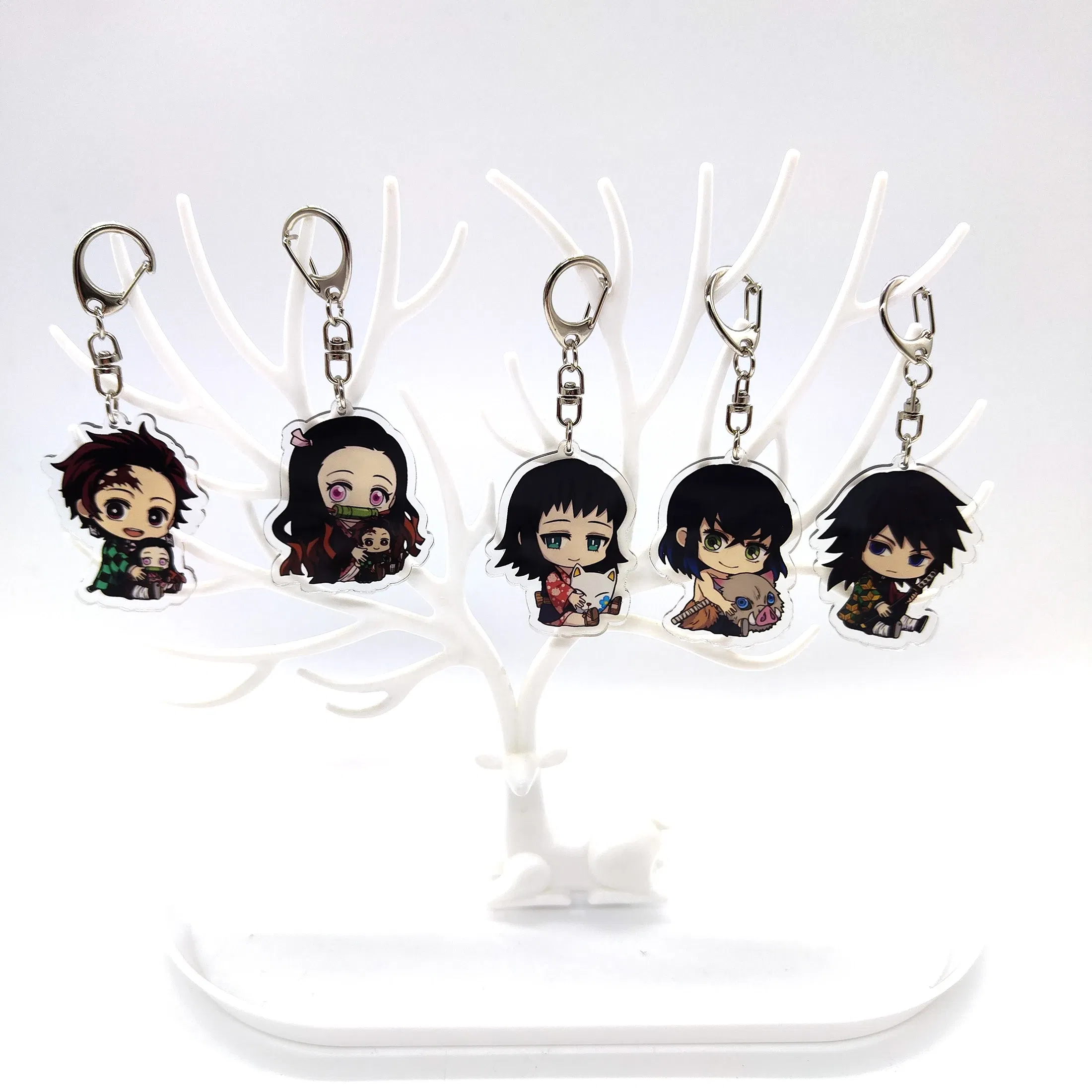 Color: WHITE - 16pcs/set Anime Keychains Keychain Demon Slayer Kimetsu No Yaiba Acrylic Key Ring Cute Funny Cartoon for Friends wholesale