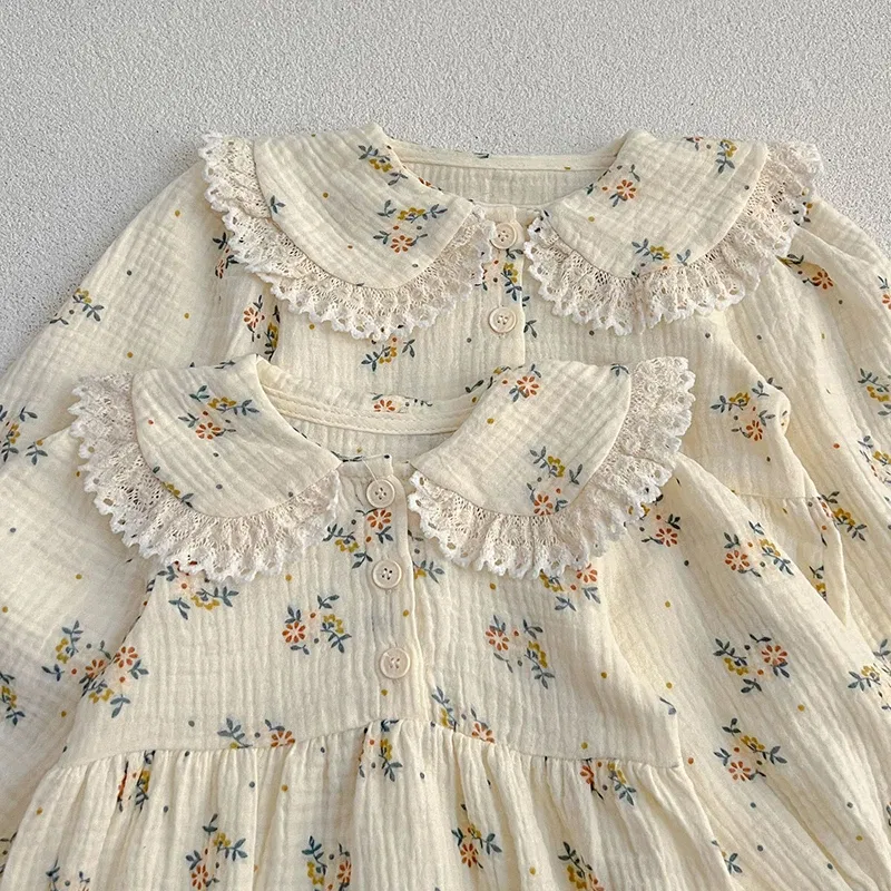 Color: PURPLE, Size: Mother 6XL - Spring Baby Girls Long Sleeve Sweet Sisters Flower Print Dress Autumn Infant Rompers Kids Baby Girls Princess Clothes Rompers