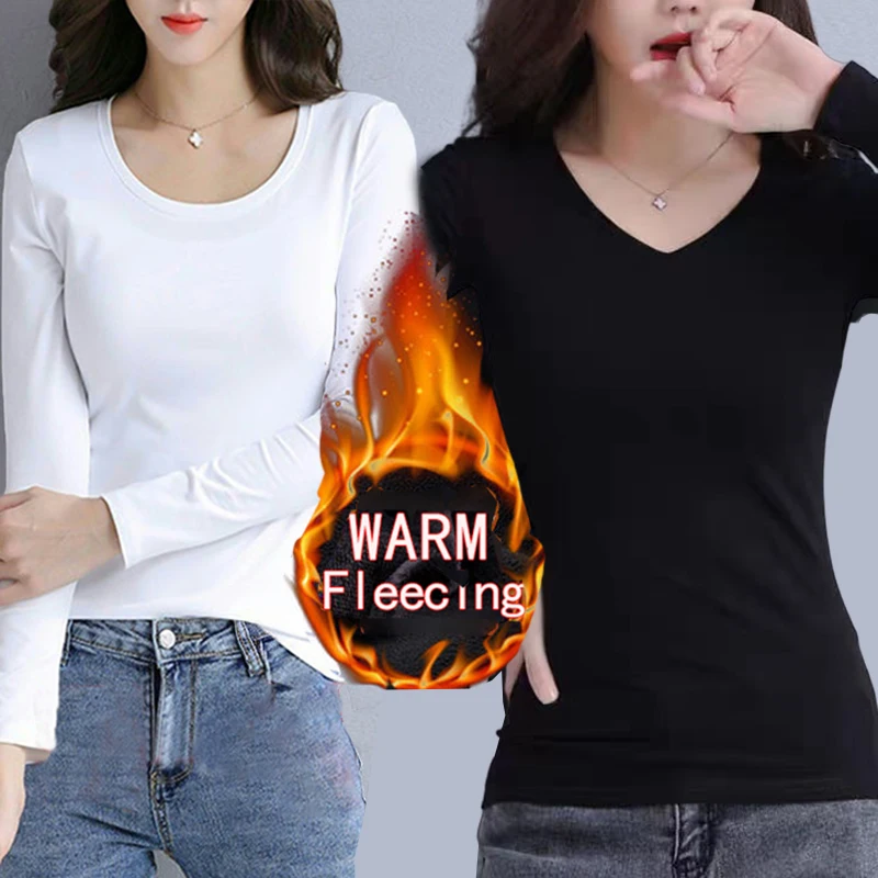 Color: Gold, Size: XXXL - O Neck Long Sleeve Fleeceing Heating Fiber Thermal Basic T-Shirts Women Winter Bottoming Cropped Tops Casual Skinny All-match