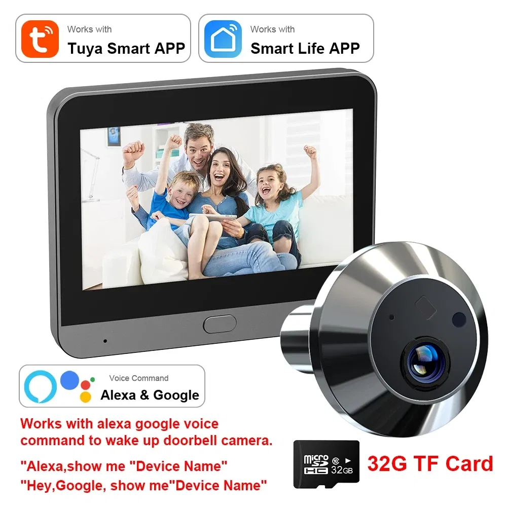 Color: Silver, Ships From: CHINA - New! Mini Smart Life Tuya 3MP 140?° Wide View Angle 2.4Ghz WiFi Magic Door Peephole Eye PIR Camera Digital Door Viewer Battery