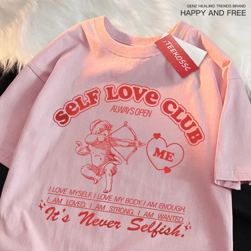 Color: WHITE, Size: XXL - Self Love Club Fun Cupid Men Women T Shirts Breathable Street Tee Clothes Cotton Summer Fashion Loose Casual Oversized T Shirt