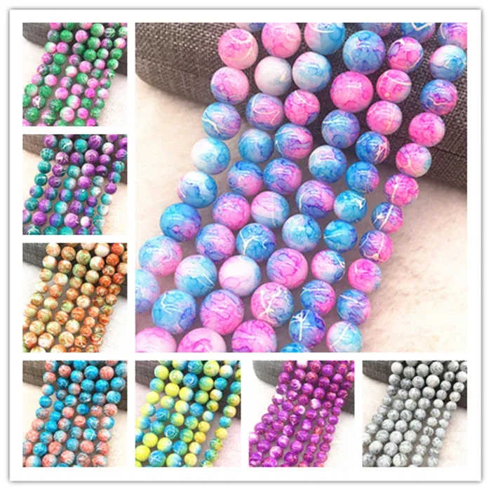 Color: Red, Item Diameter: 4mm - Wholesale 4/6/8/10mm Glass Beads Round Loose Spacer Beads Pattern For Jewelry Making DIY Bracelet Necklace