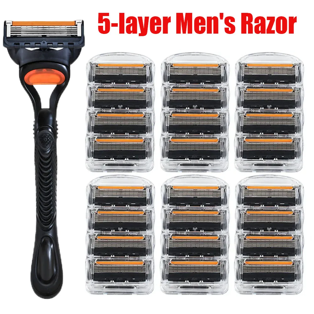 Color: Red - 4/12/24 Pcs 5-layer Men's Razor Fusion Pro Power Shaving Shaver Male Face Beard Hair Trimmer 5 Layer Blades Replacement Refills