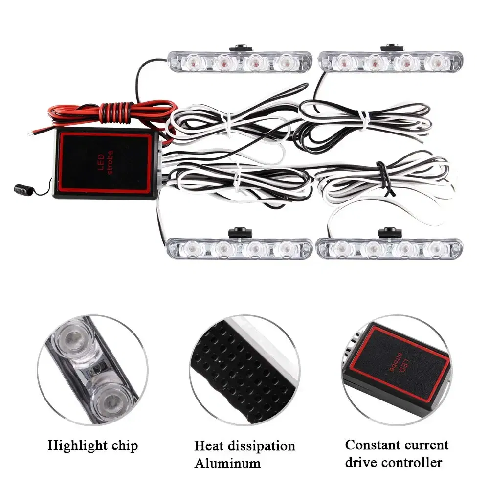 Emitting Color: Warm White - 4 In 1 Red Blue Emergency Strobe Lights Police Lights 12V With Wireless Remote Control Flash Grille Light for Cars Truck Van SUV