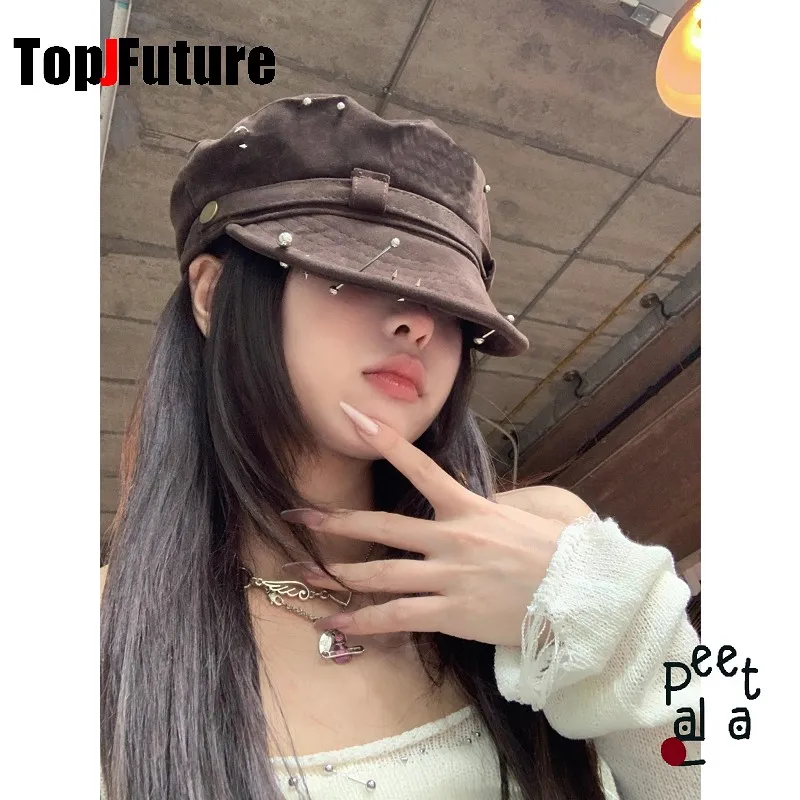 Color: Brown - Harajuku Gothic Women's Summer Hip Pop Cap Beret Hat Y2k Girl Punk Accessories puncture suede baseball Cap Sun Hat Newspaper hat