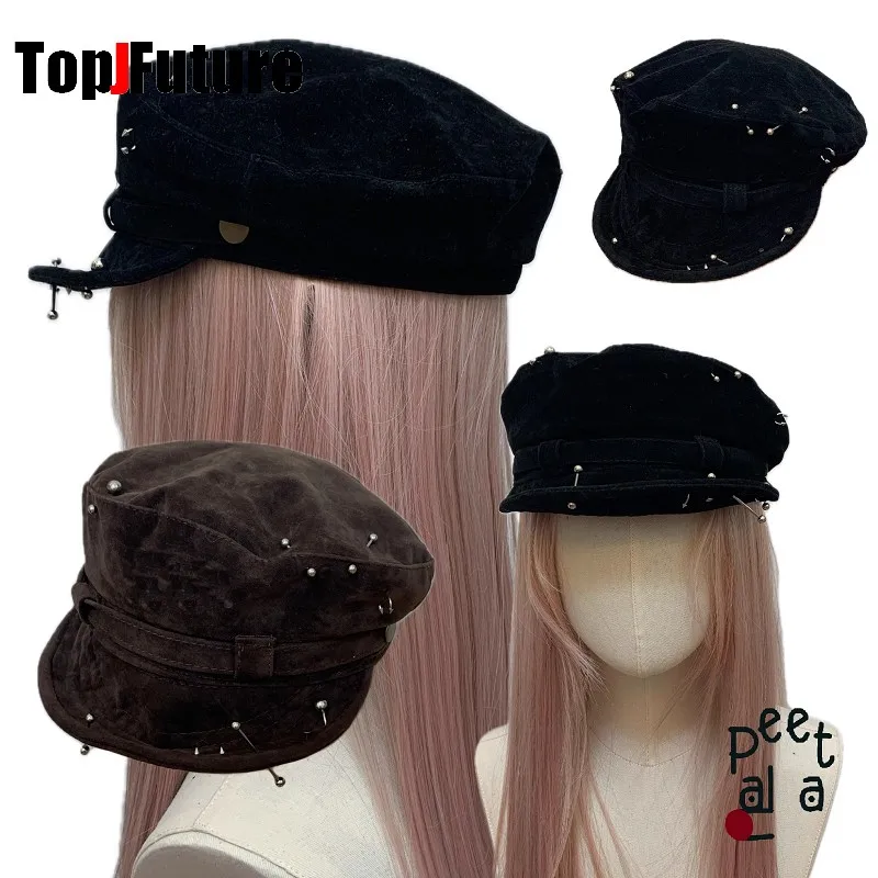 Color: Brown - Harajuku Gothic Women's Summer Hip Pop Cap Beret Hat Y2k Girl Punk Accessories puncture suede baseball Cap Sun Hat Newspaper hat