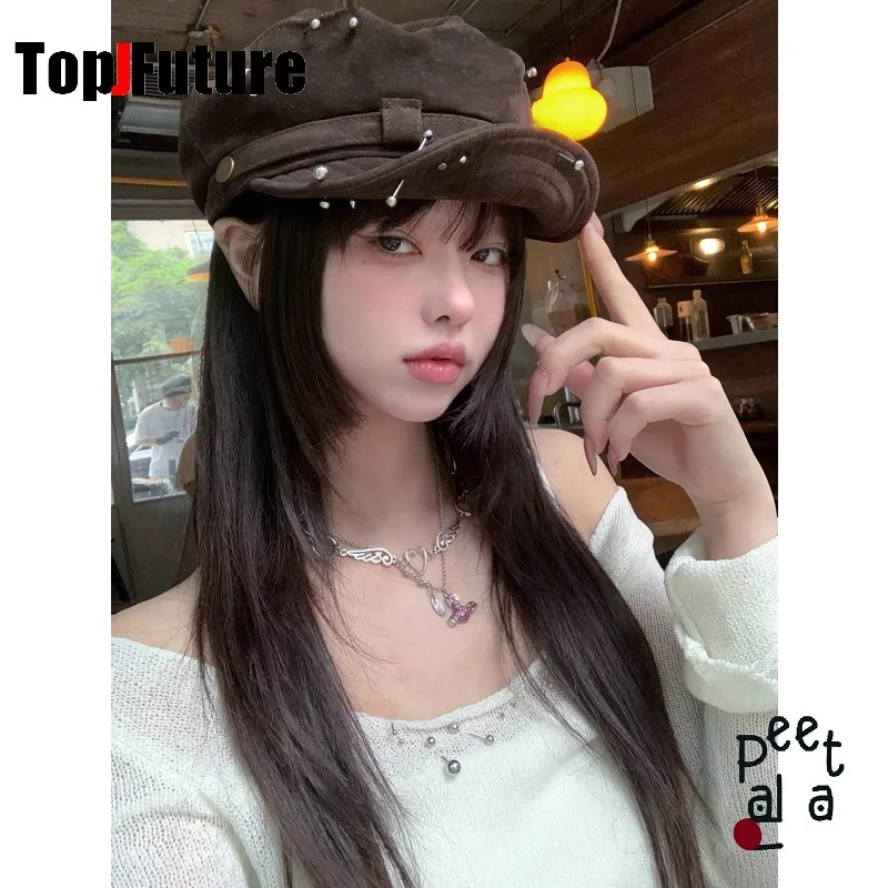 Color: Brown - Harajuku Gothic Women's Summer Hip Pop Cap Beret Hat Y2k Girl Punk Accessories puncture suede baseball Cap Sun Hat Newspaper hat
