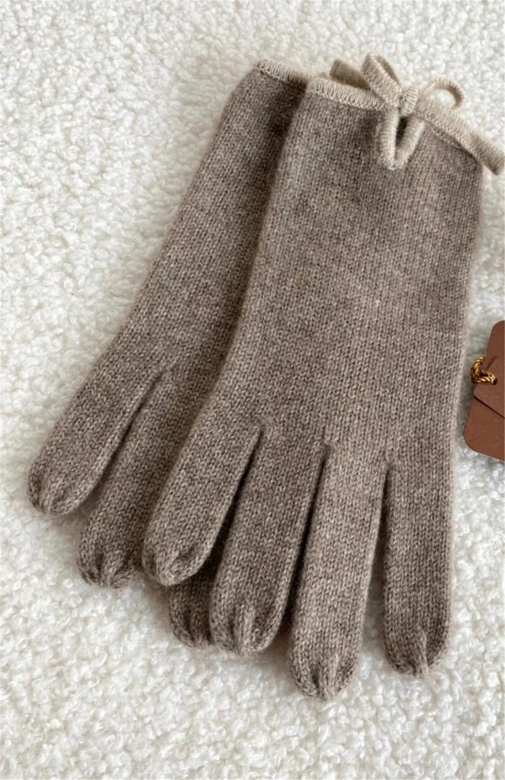 Women's Knitted Bow Gloves, 100% Cashmere, Warm Mittens, Outdoor, Winter