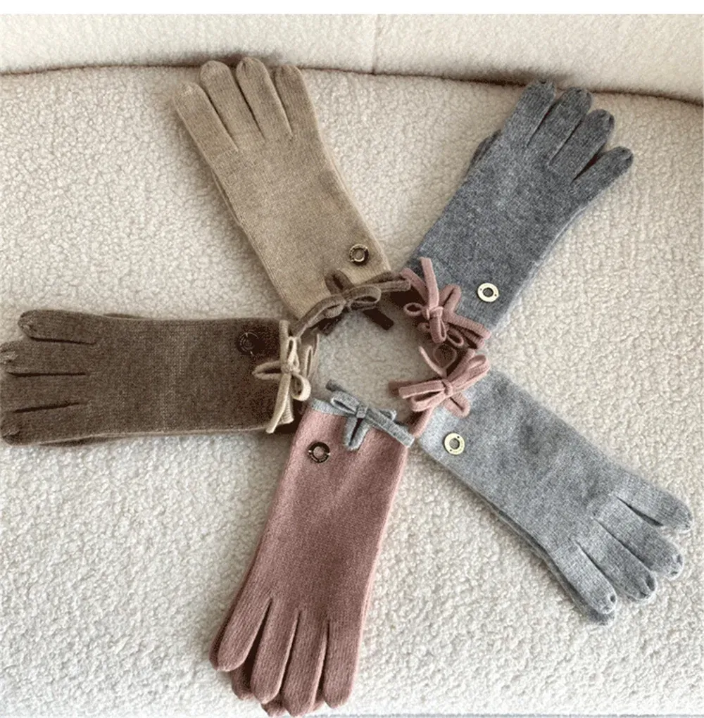 Women's Knitted Bow Gloves, 100% Cashmere, Warm Mittens, Outdoor, Winter