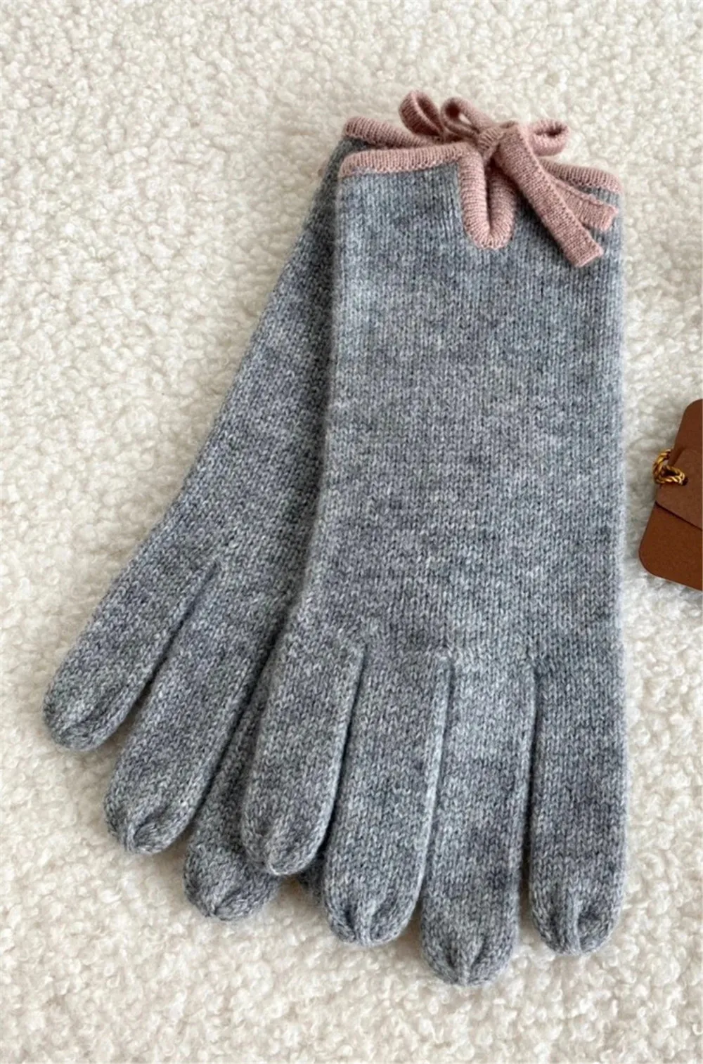 Women's Knitted Bow Gloves, 100% Cashmere, Warm Mittens, Outdoor, Winter