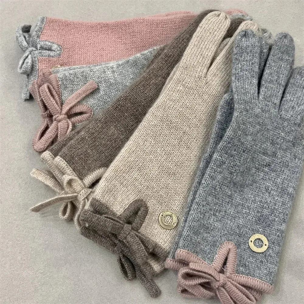 Women's Knitted Bow Gloves, 100% Cashmere, Warm Mittens, Outdoor, Winter