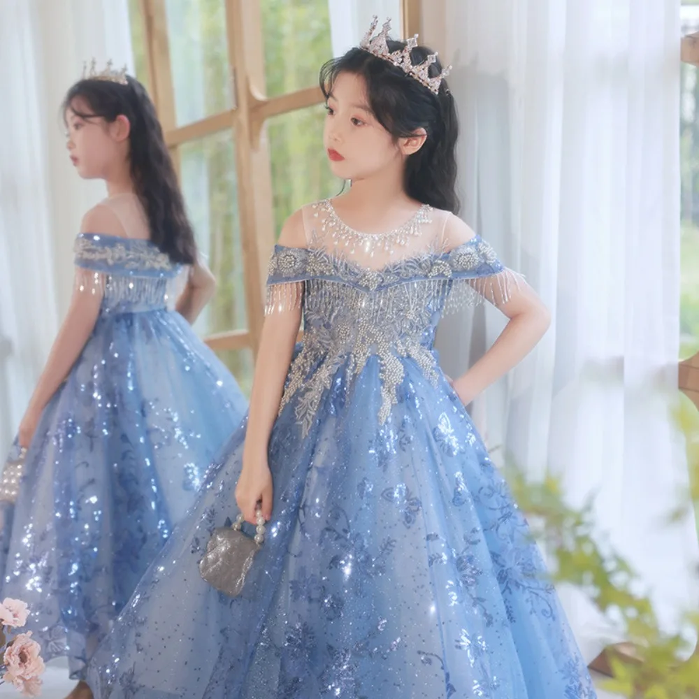 Color: MULTI, Kid Size: 2T - Children's Dress Princess Dress Fluffy Gauze Flower Girl Heavy Industry Trailing Catwalk Small Host Piano Performance