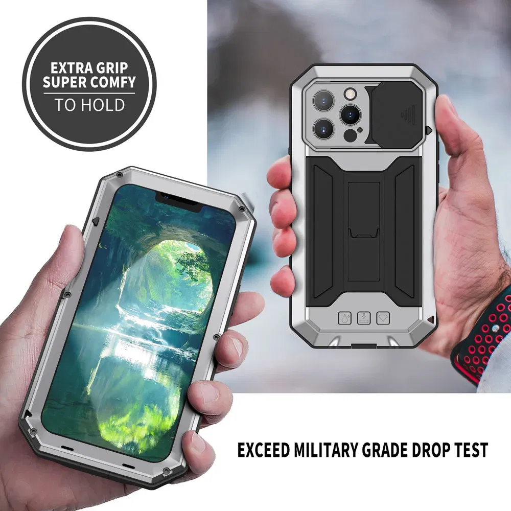 Color: Silver, Material: Polyester - Heavy Duty Metal Aluminum Case For iPhone 14 13 15 Pro Max Military Grade Shockproof Bumpers Armor Kickstand Camera Slider Cases