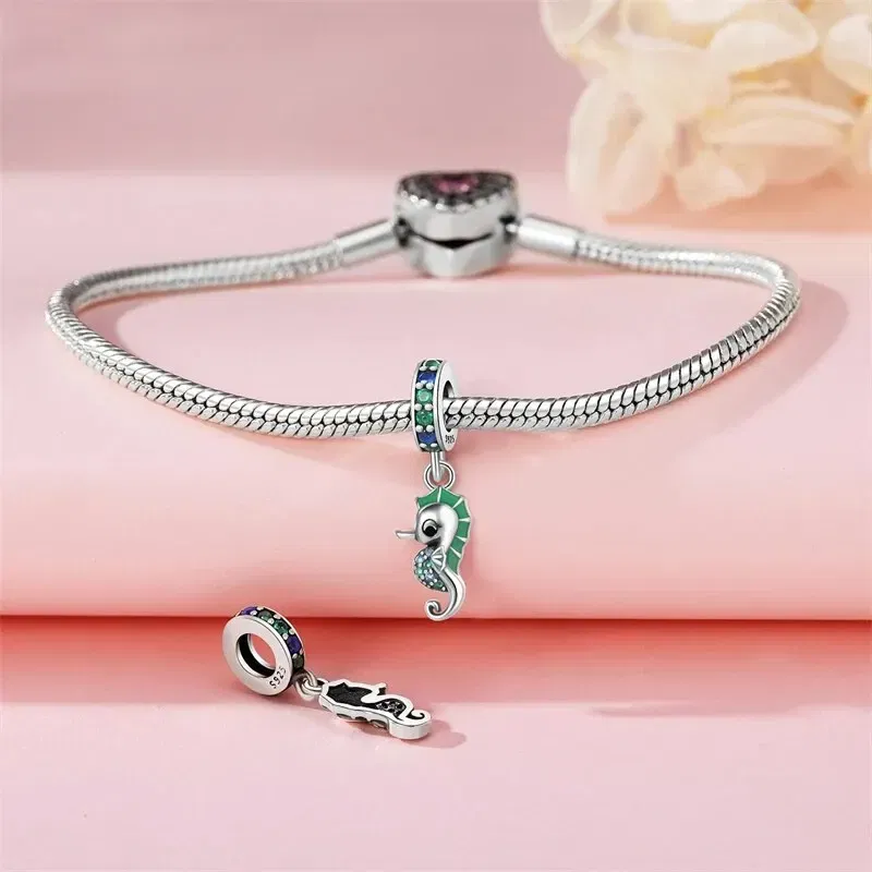 Color: Red - Fit Original Pandora Bracelet 925 Sterling Silver Seahorse Charms Beads Inlaid Zirconium Temperature Change Pendants Diy Jewelry