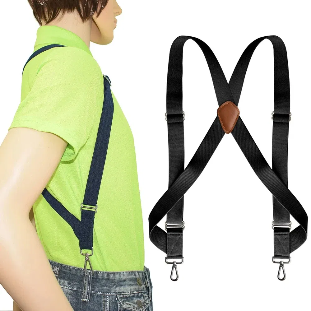 Color: GRAY, Ships From: CHINA - Men's Heavy Duty Trucker Suspenders 3.5cm Wide X-Back with 2 Side Clip Swivel Hooks Adjustable Elastic Big Tall Trouser Braces