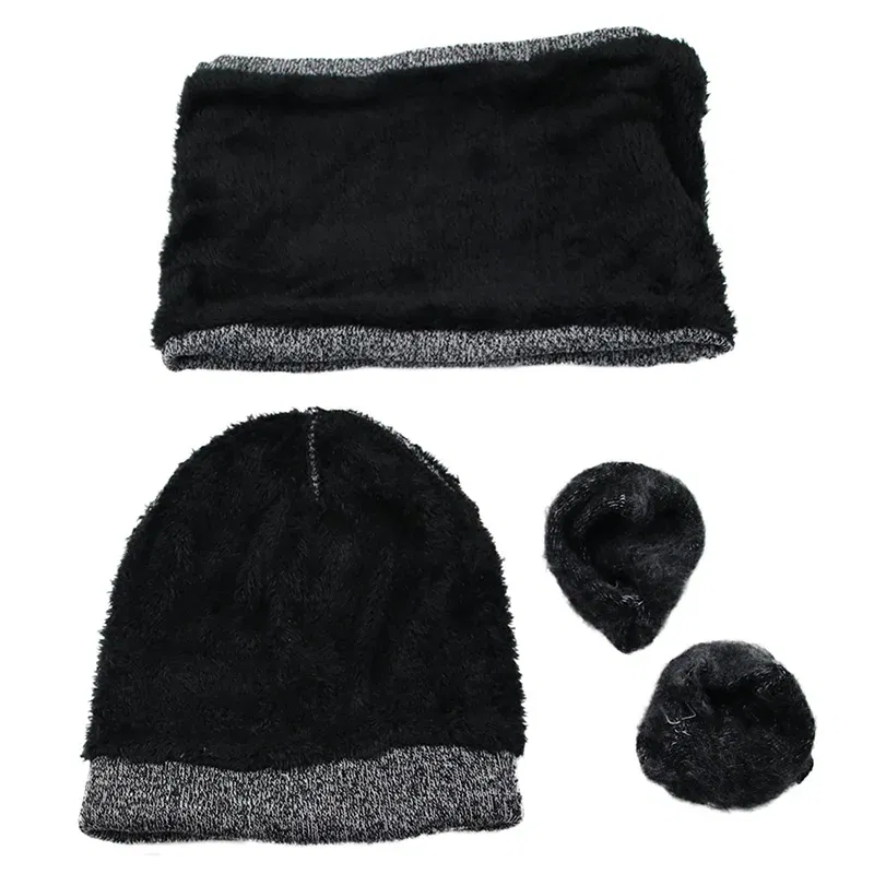 Color: GRAY, Size: One Size - 3 Pieces/Set Winter Women Hats Scarves Gloves Kit Fashion Knitted Plus Velvet Hat Scarf Set For Male Female Beanies Scarf Gloves