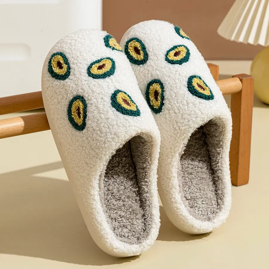 Color: Yellow, Shoe Size: 4.5 - Cute Avocado Women Slippers Winter Warm Indoor Fruit Cartoon Funny Soft Non-slip Slipper Cherry Strawberry Comfy Cotton Shoes