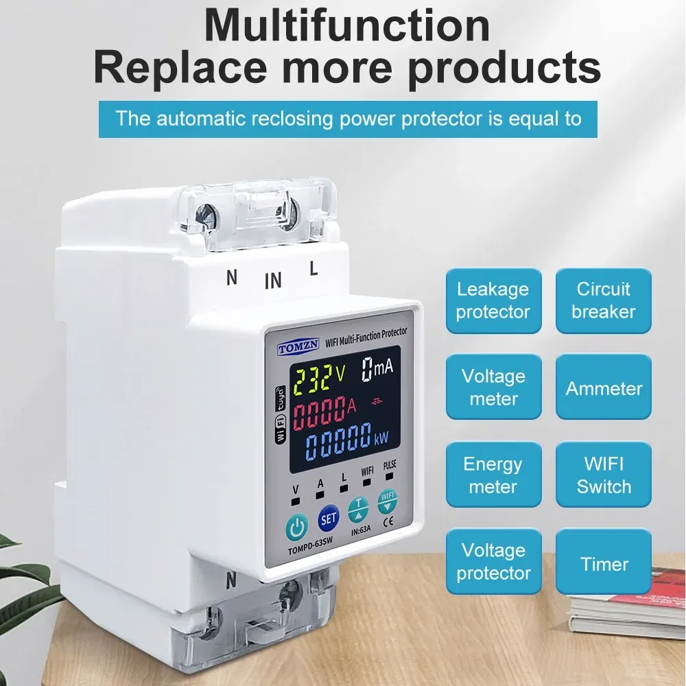Rated Current: 60A - TOMZN 63A 110V 230V WIFI Smart Switch smartlife Kwh Metering Circuit Breaker Timer with voltage current and leakage protection
