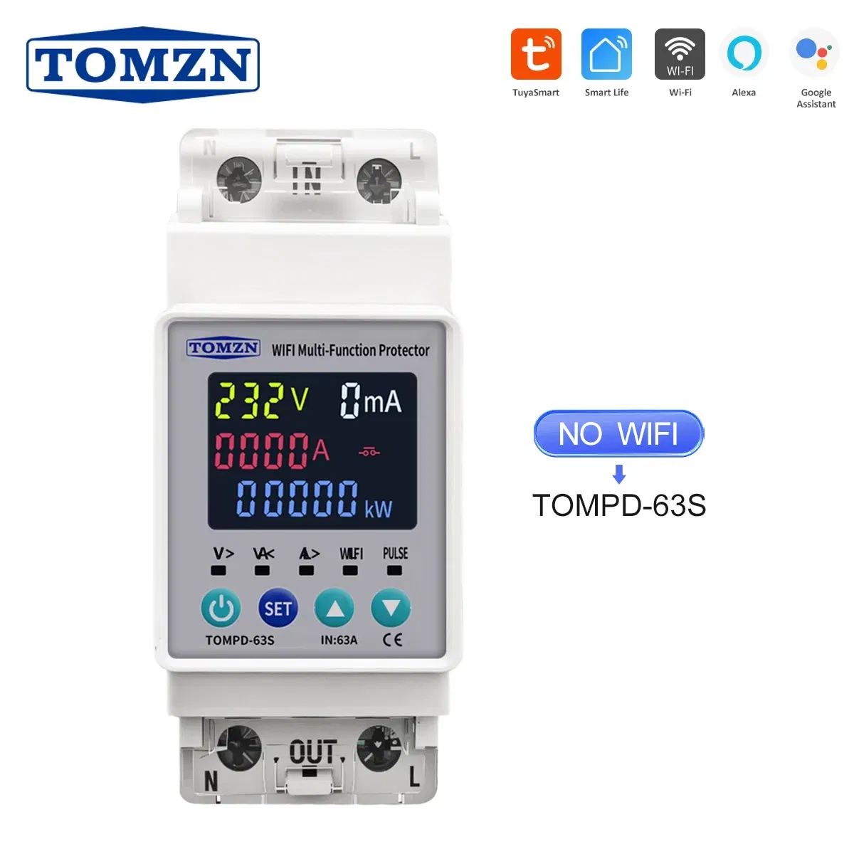 Rated Current: 60A - TOMZN 63A 110V 230V WIFI Smart Switch smartlife Kwh Metering Circuit Breaker Timer with voltage current and leakage protection