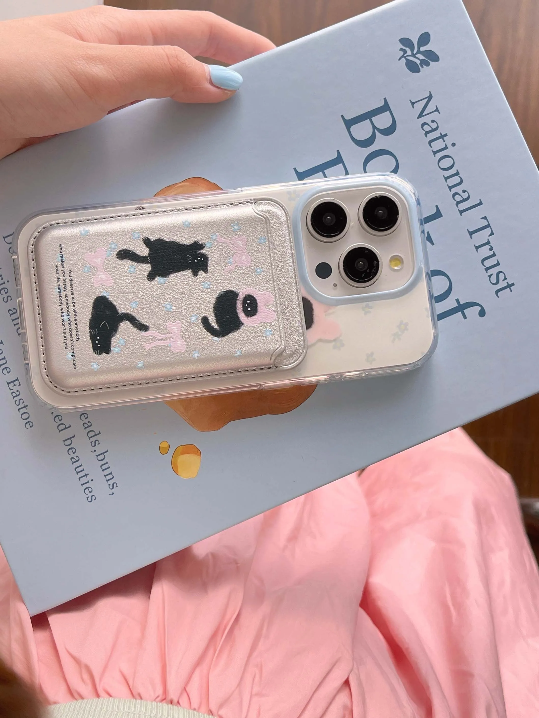 Color: SKY BLUE, Material: Vinyl - Cute Black Cat, Pink Bow, Blue Flower Magnetic Card Holder Phone Case for IPhone 13 14 15 Pro Max 13Pro 16ProMax 14Pro 15Pro 12