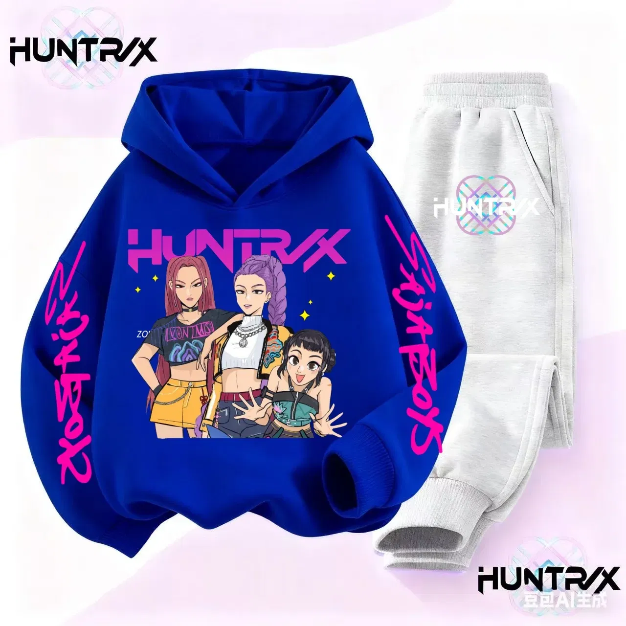 Color: Blue, Kid Size: 4 - 3-14Y Kpop Demon Hunters Hoodie Set Boys Girls Kids Autumn Sportswear Daily Clothes 2025