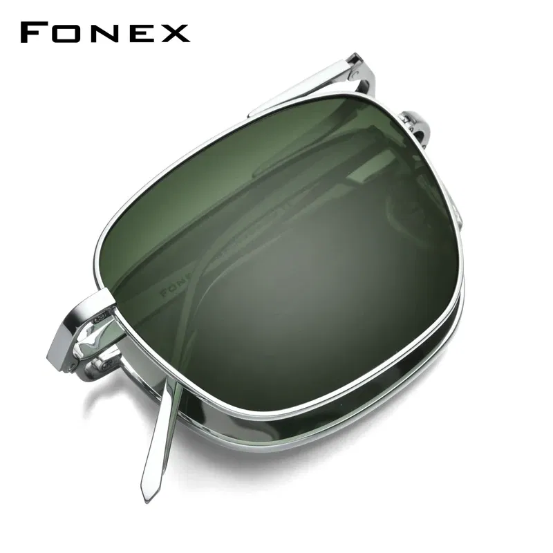 Lenses Color: Green - FONEX Pure Titanium Polarized Sunglasses Men Folding Classic Square Sun Glasses for Men New High Quality Male Shades 839