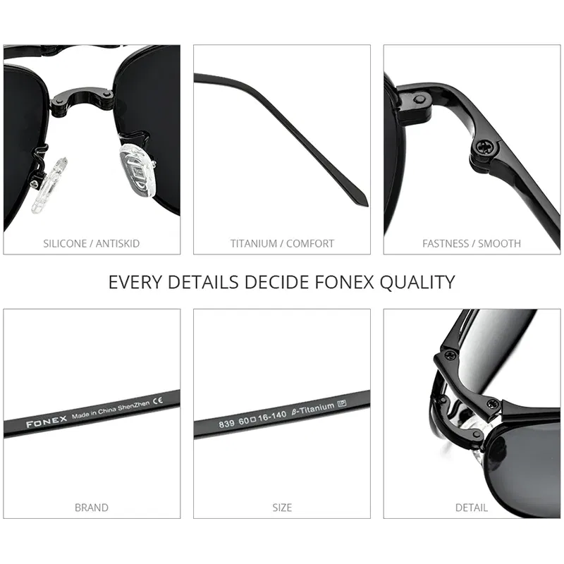 Lenses Color: Green - FONEX Pure Titanium Polarized Sunglasses Men Folding Classic Square Sun Glasses for Men New High Quality Male Shades 839