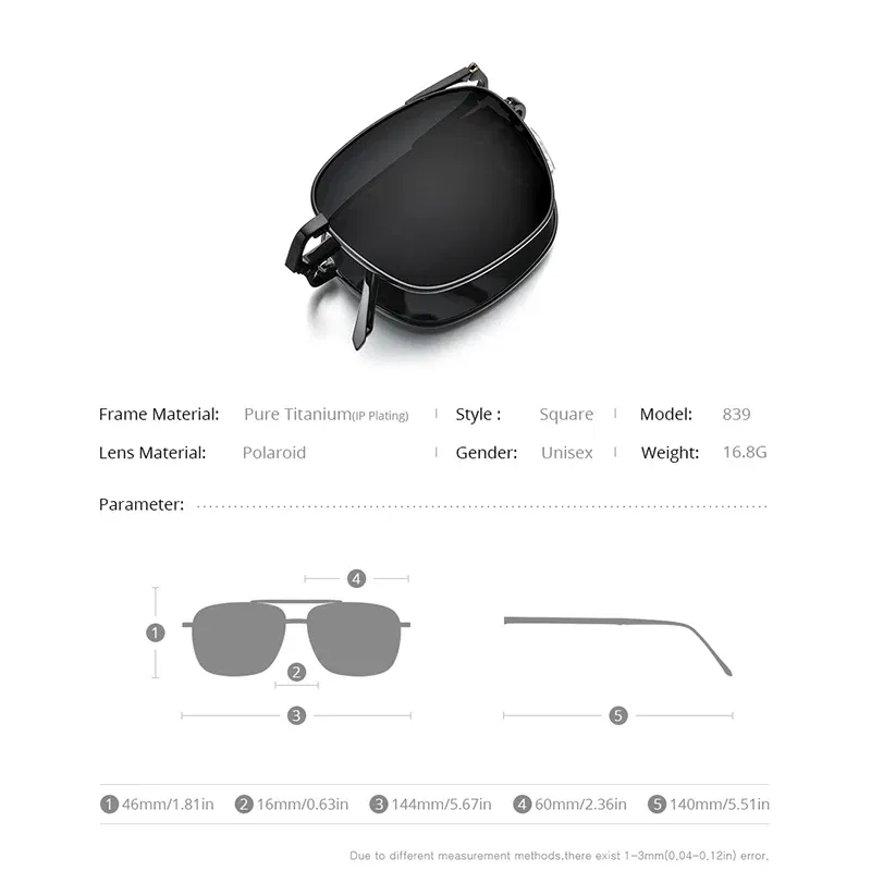 Lenses Color: Green - FONEX Pure Titanium Polarized Sunglasses Men Folding Classic Square Sun Glasses for Men New High Quality Male Shades 839