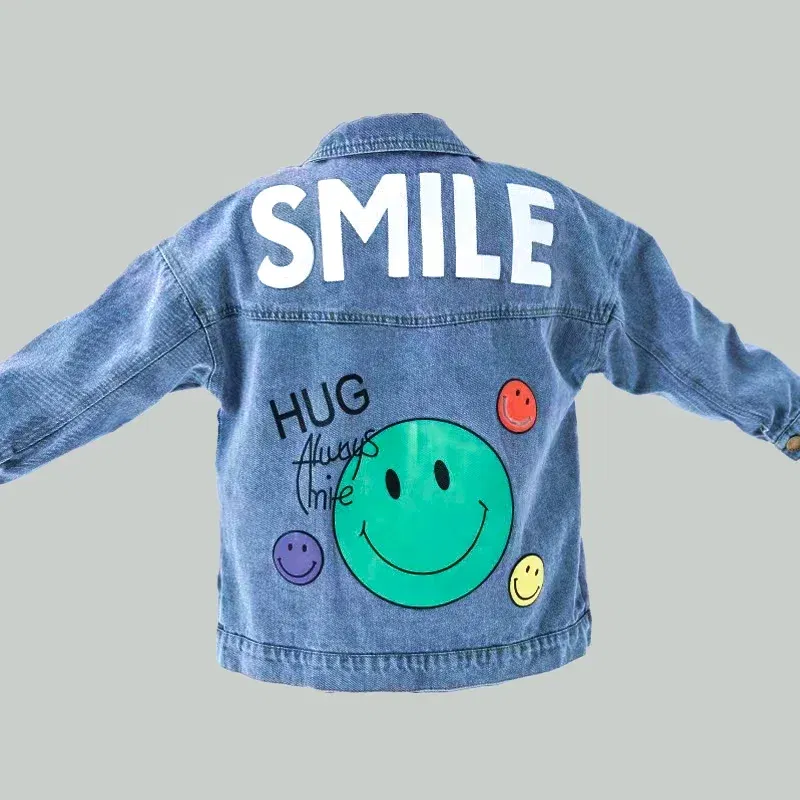 Color: Beige, Kid Size: 5 - 2022 Autumn Spring Fall Boys Casual Cartoon Denim Kids Jackets Turn-down Collar Long Sleeve Coat Girls Loose Tops for Teens