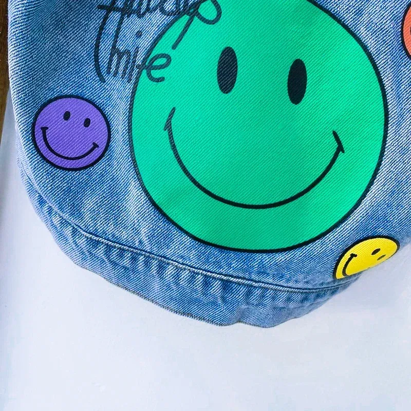 Color: Beige, Kid Size: 5 - 2022 Autumn Spring Fall Boys Casual Cartoon Denim Kids Jackets Turn-down Collar Long Sleeve Coat Girls Loose Tops for Teens