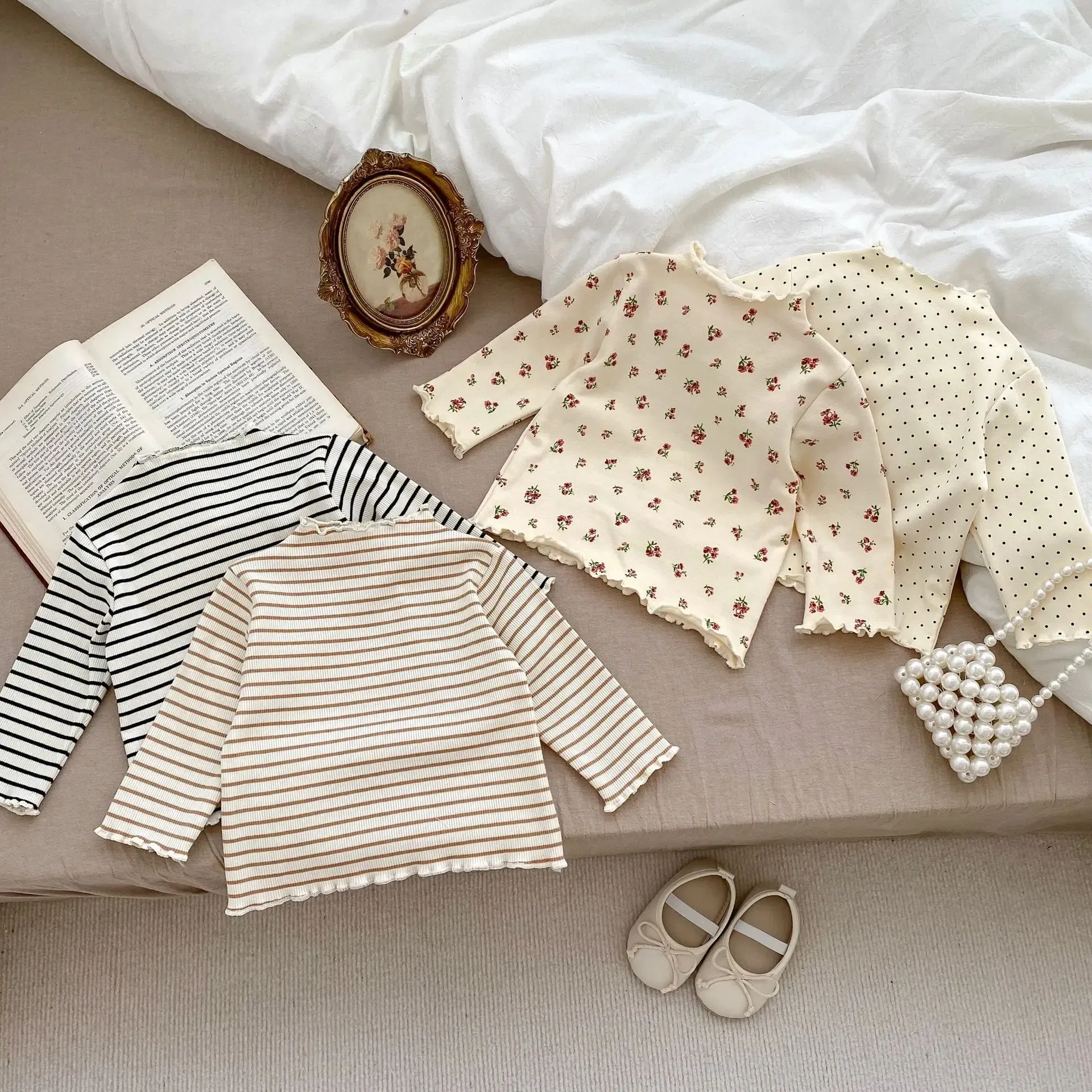 Color: Brown, Kid Size: 4T - New Baby Long Sleeve T Shirt Girls Cotton Casual Tees Infant Ruffled Versatile Shirts Kids Floral Striped Bottoming Tops
