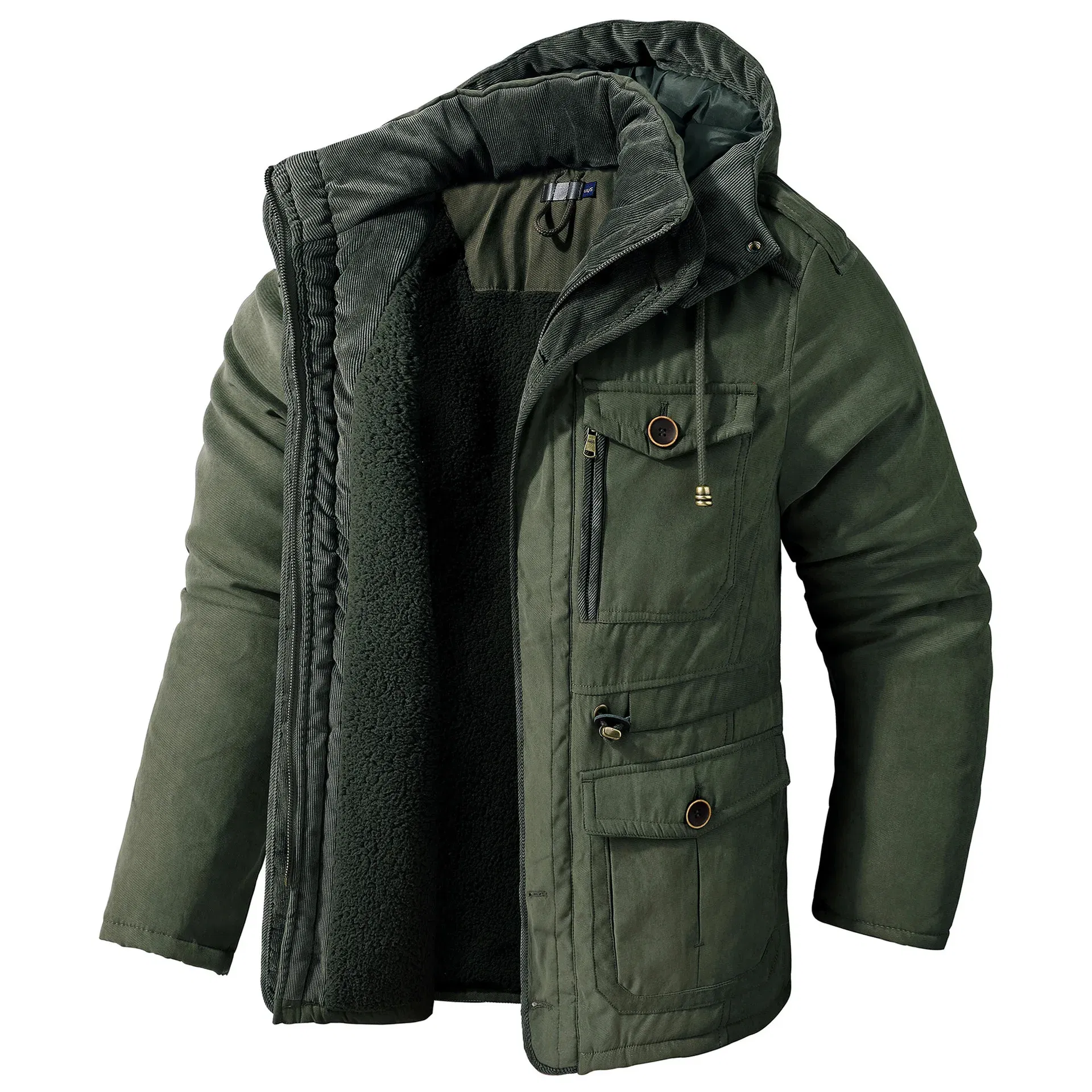 Color: green, Size: M - Winter Parka Military Outdoor Fleece Men Large SIZE Men Warm Jacket Men Cotton Windproof Casual Parka Stand Collar Lamb Cashmere