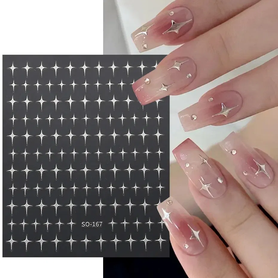 Color: Burgundy - Sliver Stars Nails Stickers 3D Bronzing Laser White Cross Starlight Glossychic Y2k Stylish Adhesive Manicure Decorations SO-167