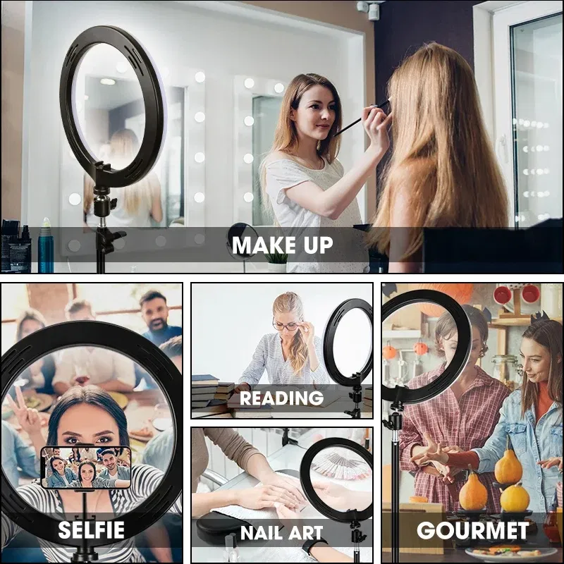 Color: Light Grey - 10 inch LED Selfie Ring Light Dimmable Photography Fill Lamp with Mini tripod for Mobile Phone Live Video Photo Studio Ringlight